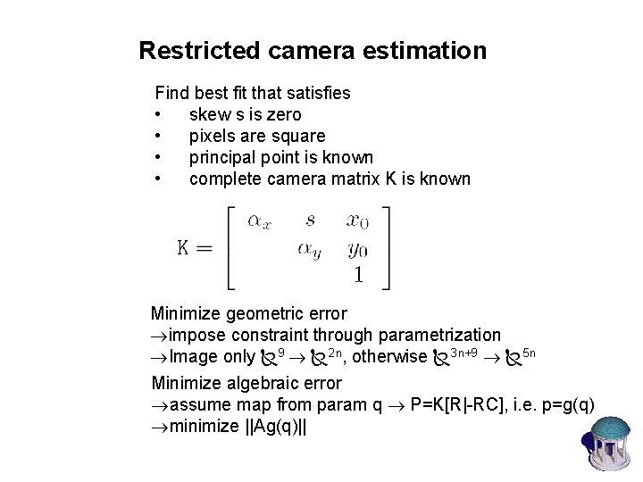 Restricted camera estimation Find best fit that satisfies • skew s is zero •