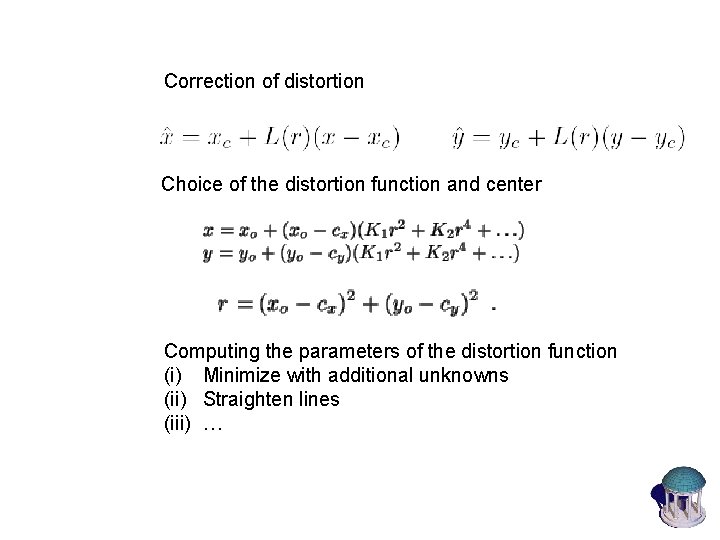 Correction of distortion Choice of the distortion function and center Computing the parameters of