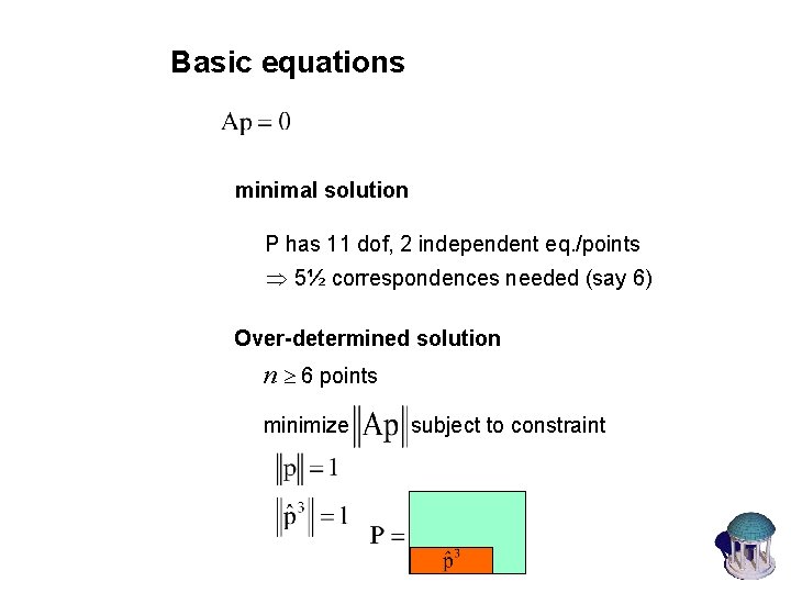 Basic equations minimal solution P has 11 dof, 2 independent eq. /points 5½ correspondences