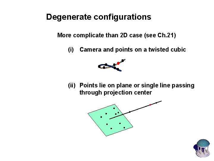Degenerate configurations More complicate than 2 D case (see Ch. 21) (i) Camera and