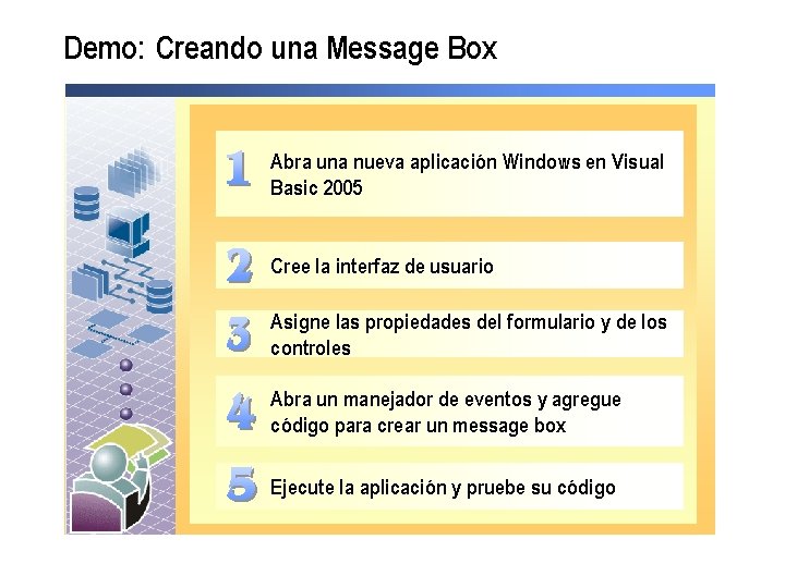 Demo: Creando una Message Box Abra una nueva aplicación Windows en Visual Basic 2005
