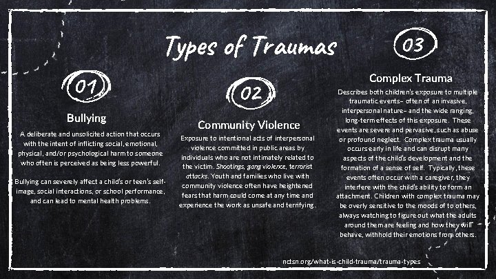 Types of Traumas 03 02 Complex Trauma 01 Bullying A deliberate and unsolicited action