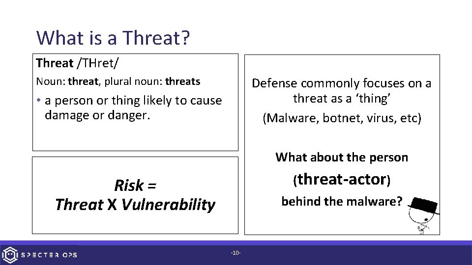 What is a Threat? Threat /THret/ Noun: threat, plural noun: threats Defense commonly focuses