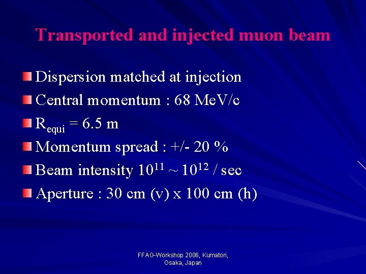 Transported and injected muon beam Dispersion matched at injection Central momentum : 68 Me.