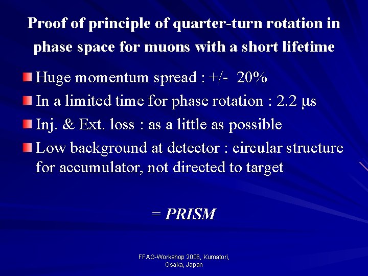 Proof of principle of quarter-turn rotation in phase space for muons with a short