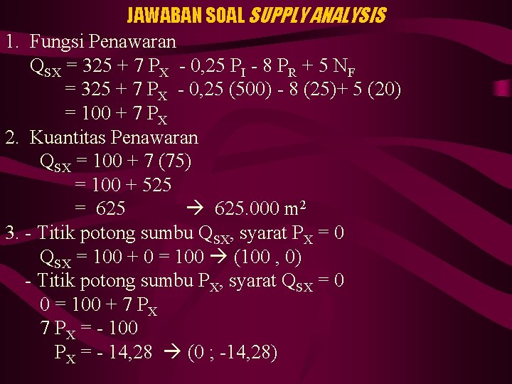 JAWABAN SOAL SUPPLY ANALYSIS 1. Fungsi Penawaran QSX = 325 + 7 PX -