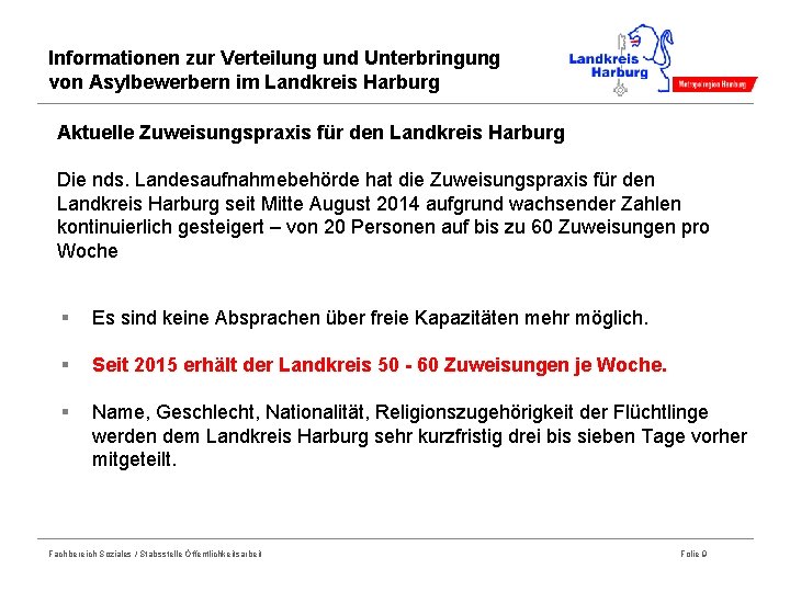 Informationen zur Verteilung und Unterbringung von Asylbewerbern im Landkreis Harburg Aktuelle Zuweisungspraxis für den