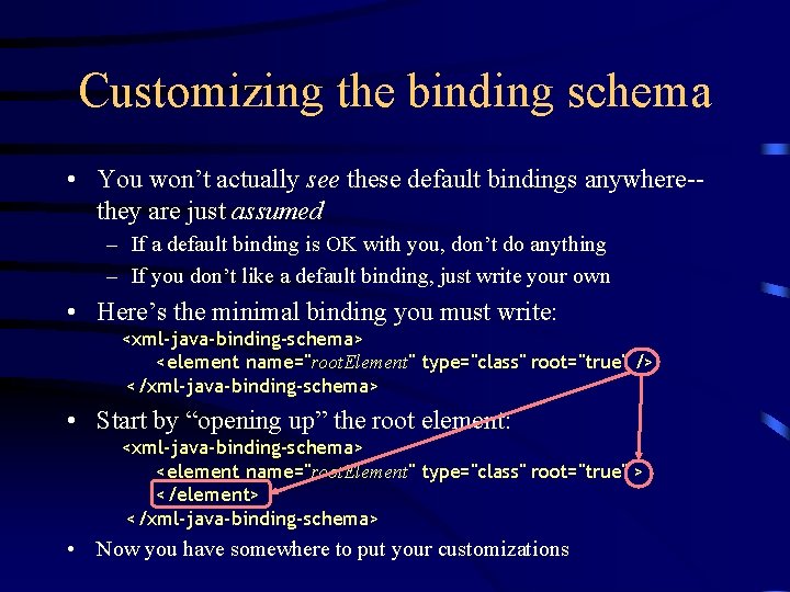 Customizing the binding schema • You won’t actually see these default bindings anywhere-they are
