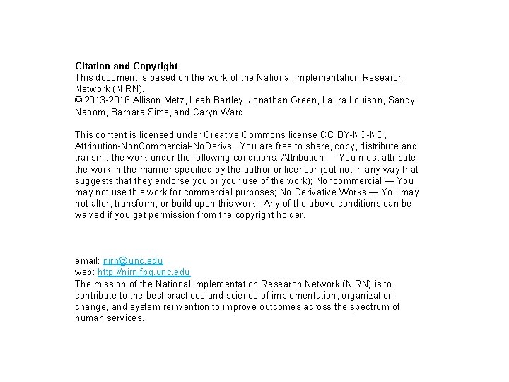 Citation and Copyright This document is based on the work of the National Implementation