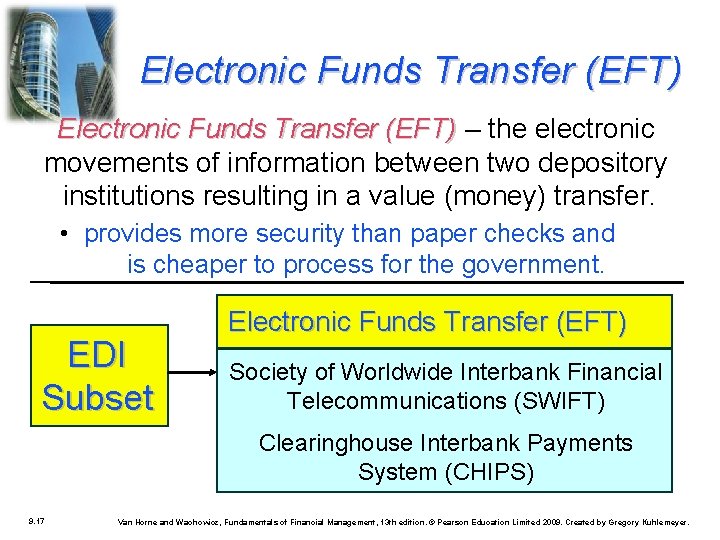 Electronic Funds Transfer (EFT) – the electronic movements of information between two depository institutions