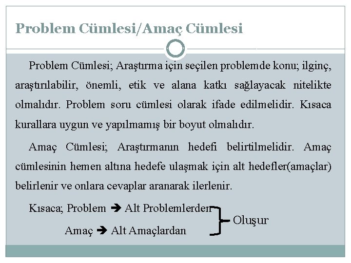 Problem Cümlesi/Amaç Cümlesi Problem Cümlesi; Araştırma için seçilen problemde konu; ilginç, araştırılabilir, önemli, etik