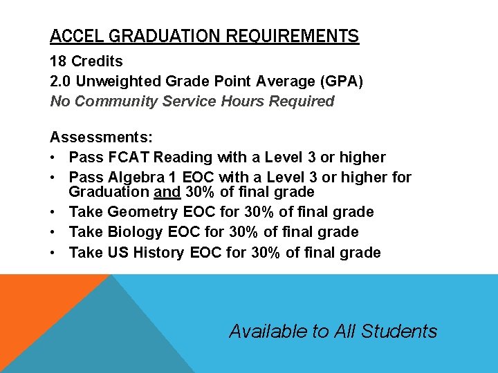 ACCEL GRADUATION REQUIREMENTS 18 Credits 2. 0 Unweighted Grade Point Average (GPA) No Community