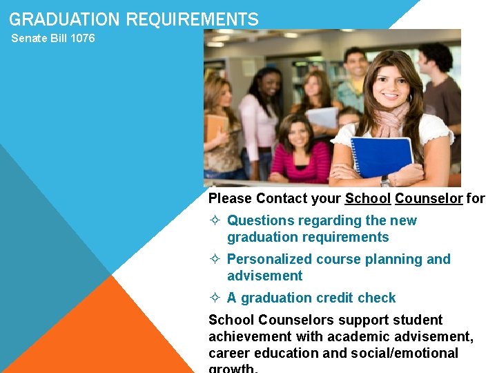 GRADUATION REQUIREMENTS Senate Bill 1076 Please Contact your School Counselor for ² Questions regarding