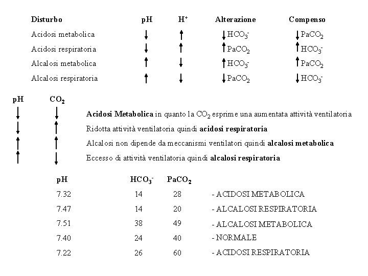 Disturbo p. H H+ Alterazione Compenso Acidosi metabolica HCO 3 - Pa. CO 2