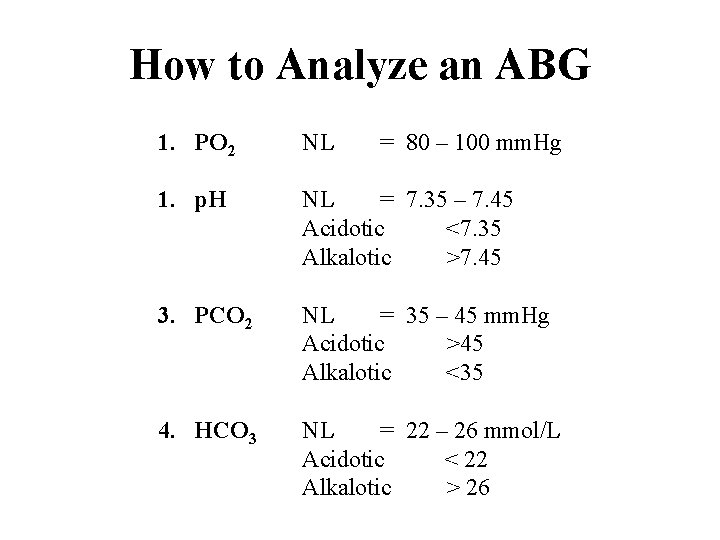 How to Analyze an ABG 1. PO 2 NL 1. p. H NL =