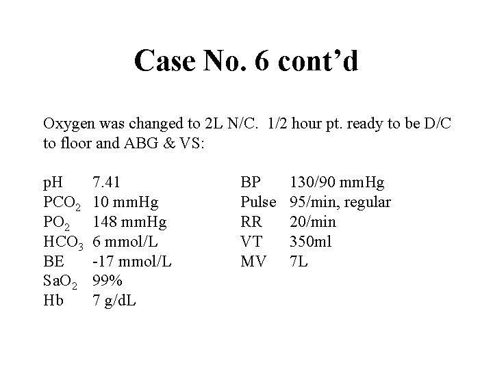 Case No. 6 cont’d Oxygen was changed to 2 L N/C. 1/2 hour pt.