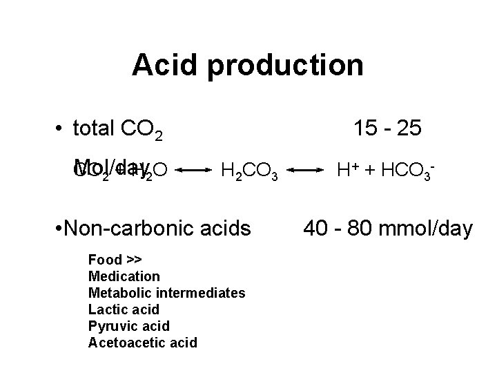 Acid production • total CO 2 Mol/day CO 2 + H 2 O 15