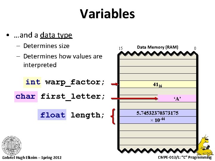 Variables • …and a data type – Determines size – Determines how values are