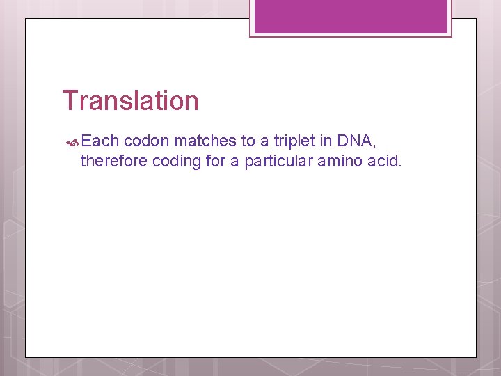 Translation Each codon matches to a triplet in DNA, therefore coding for a particular