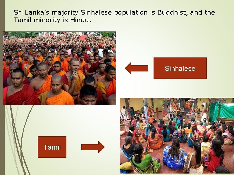 Sri Lanka’s majority Sinhalese population is Buddhist, and the Tamil minority is Hindu. Sinhalese