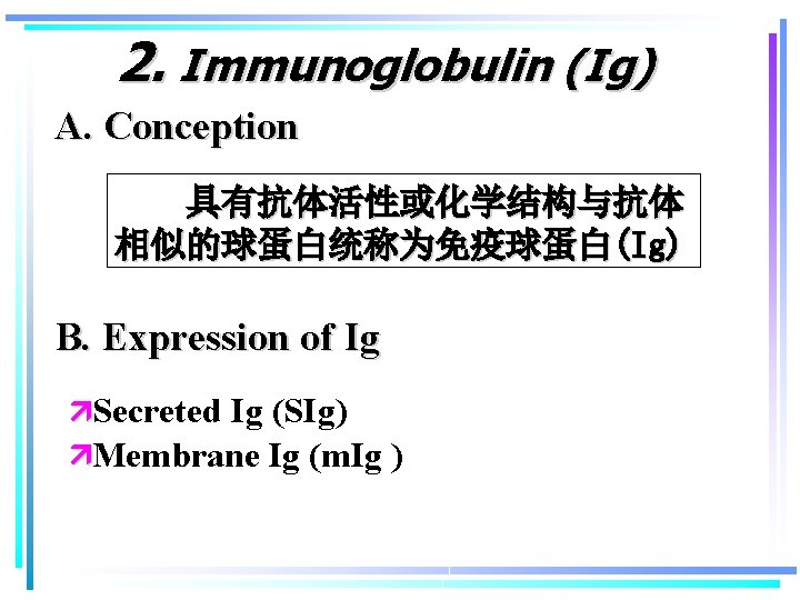 2. Immunoglobulin (Ig) A. Conception 具有抗体活性或化学结构与抗体 相似的球蛋白统称为免疫球蛋白(Ig) B. Expression of Ig Secreted Ig (SIg)