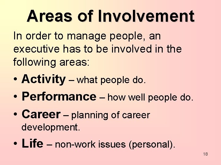 Areas of Involvement In order to manage people, an executive has to be involved