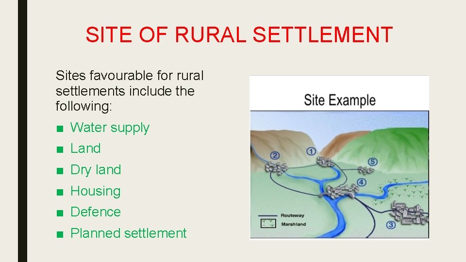 SITE OF RURAL SETTLEMENT Sites favourable for rural settlements include the following: ■ Water