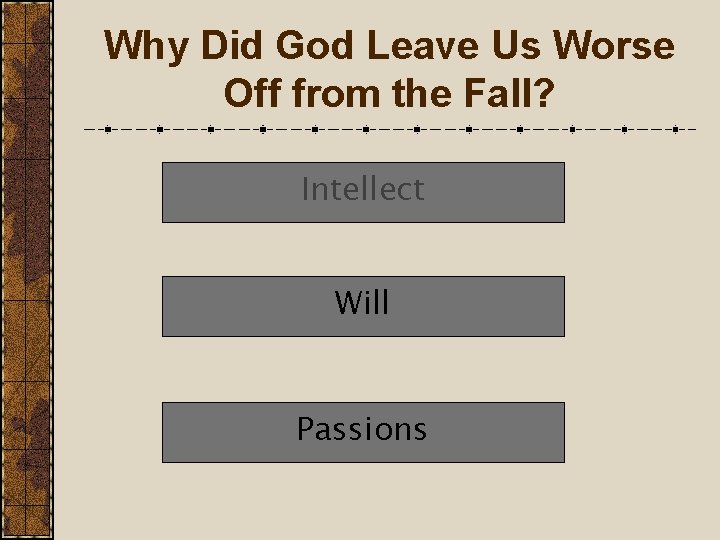 Why Did God Leave Us Worse Off from the Fall? Intellect Will Passions 