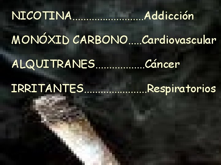 NICOTINA. . . Addicción MONÓXID CARBONO. . . Cardiovascular ALQUITRANES. . . . Cáncer