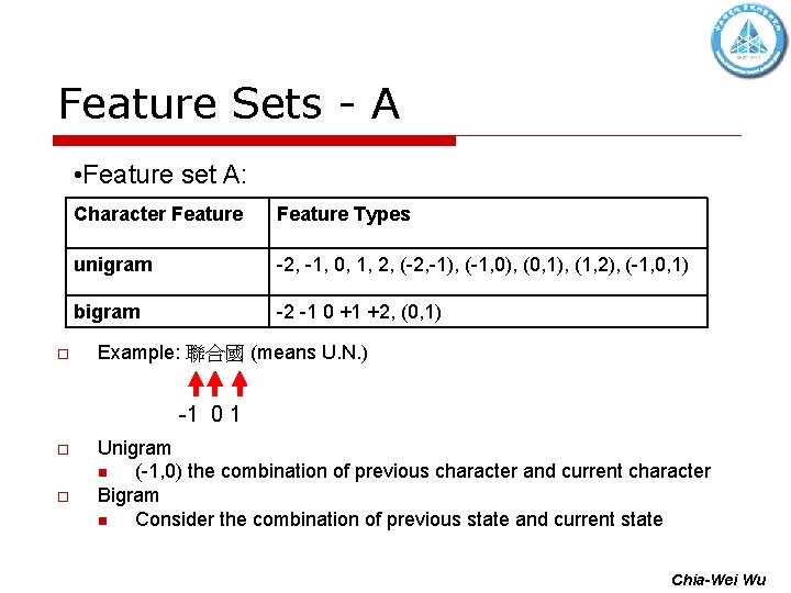 Feature Sets - A • Feature set A: o Character Feature Types unigram -2,