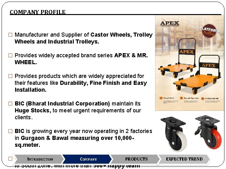 COMPANY PROFILE � Manufacturer and Supplier of Castor Wheels, Trolley Wheels and Industrial Trolleys.