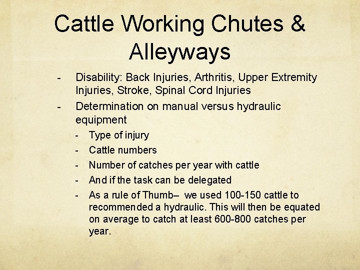 Cattle Working Chutes & Alleyways - Disability: Back Injuries, Arthritis, Upper Extremity Injuries, Stroke,