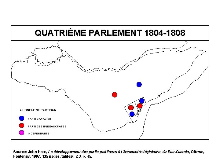 QUATRIÈME PARLEMENT 1804 -1808 ALIGNEMENT PARTISAN PARTI CANADIEN PARTI DES BUREAUCRATES INDÉPENDANTS Source: John