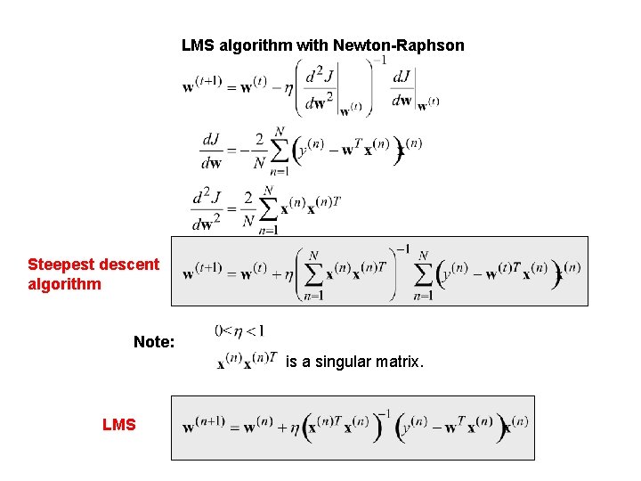 LMS algorithm with Newton-Raphson Steepest descent algorithm Note: is a singular matrix. LMS 