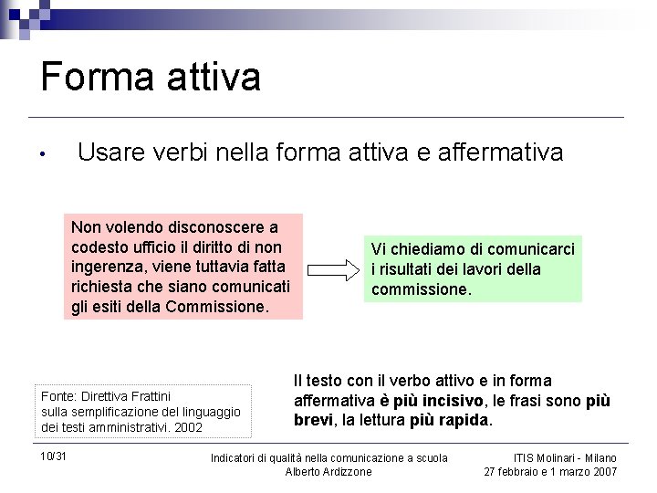 Forma attiva • Usare verbi nella forma attiva e affermativa Non volendo disconoscere a