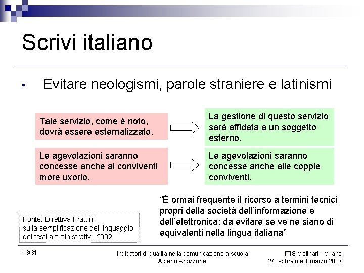 Scrivi italiano • Evitare neologismi, parole straniere e latinismi Tale servizio, come è noto,