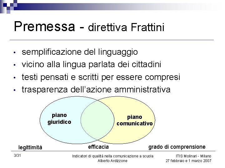 Premessa - direttiva Frattini semplificazione del linguaggio vicino alla lingua parlata dei cittadini testi