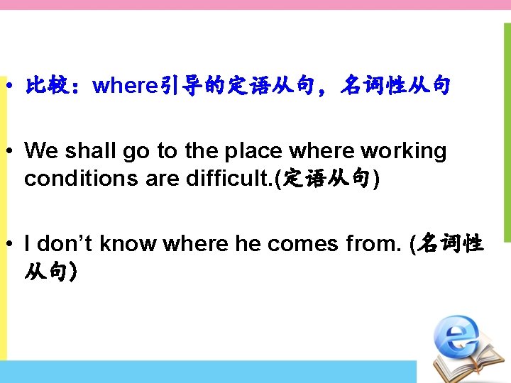  • 比较：where引导的定语从句，名词性从句 • We shall go to the place where working conditions are