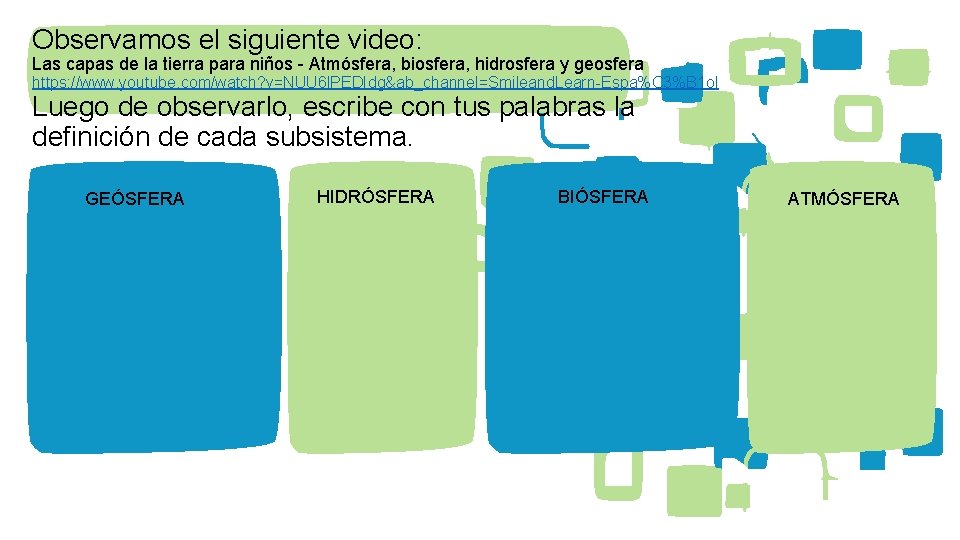 Observamos el siguiente video: Las capas de la tierra para niños - Atmósfera, biosfera,