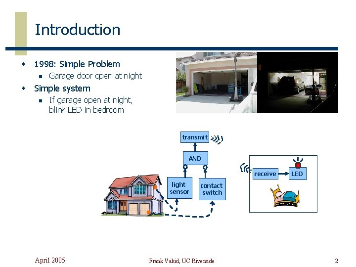 Introduction w 1998: Simple Problem n Garage door open at night w Simple system