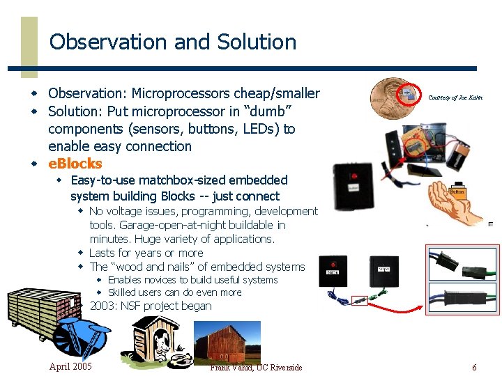 Observation and Solution w Observation: Microprocessors cheap/smaller w Solution: Put microprocessor in “dumb” components