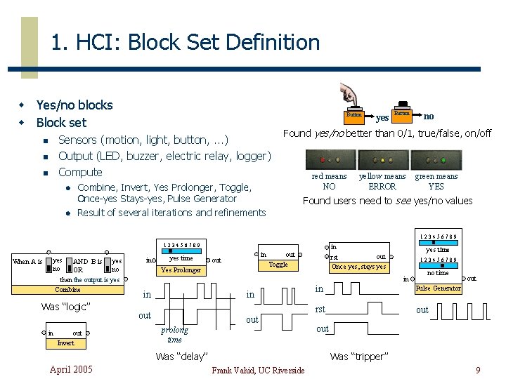 1. HCI: Block Set Definition w Yes/no blocks w Block set Button Sensors (motion,