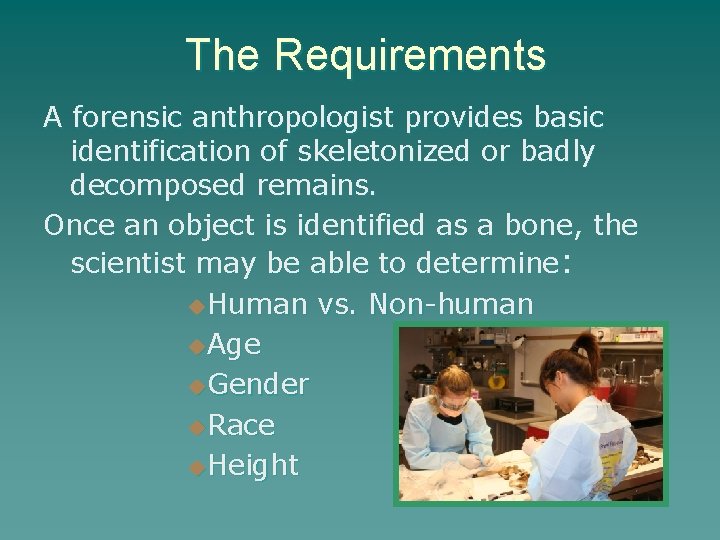 The Requirements A forensic anthropologist provides basic identification of skeletonized or badly decomposed remains.