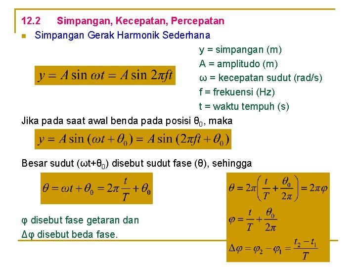 12. 2 Simpangan, Kecepatan, Percepatan n Simpangan Gerak Harmonik Sederhana y = simpangan (m)