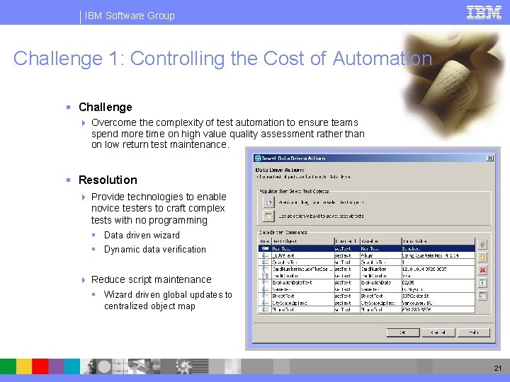 IBM Software Group Challenge 1: Controlling the Cost of Automation § Challenge 4 Overcome