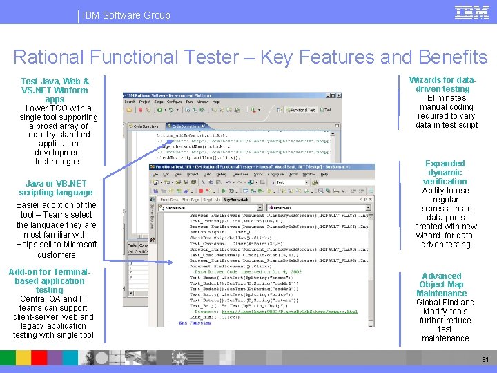 IBM Software Group Rational Functional Tester – Key Features and Benefits Test Java, Web