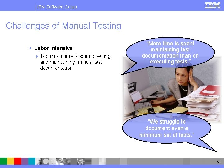 IBM Software Group Challenges of Manual Testing § Labor Intensive 4 Too much time