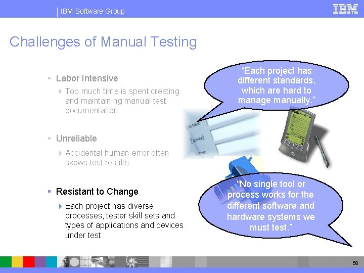 IBM Software Group Challenges of Manual Testing § Labor Intensive 4 Too much time