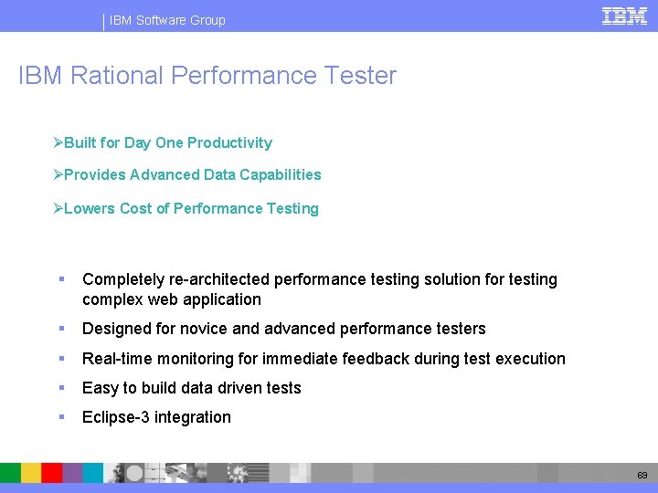 IBM Software Group IBM Rational Performance Tester New Positioning ØBuilt for Day One Productivity