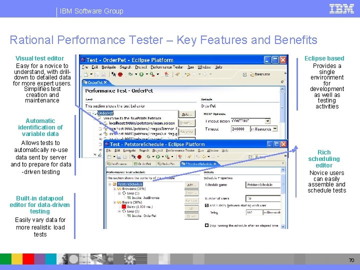 IBM Software Group Rational Performance Tester – Key Features and Benefits Visual test editor